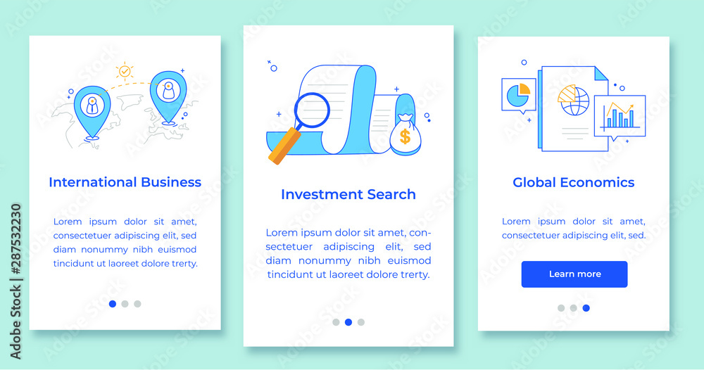 International business, investment search, global economics, mobile web pages vector template. Responsive smartphone website interface idea with linear illustrations. Color concept