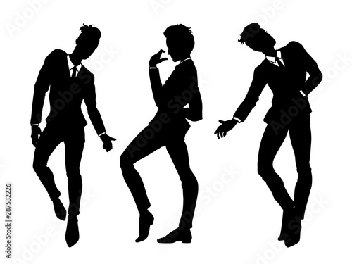 Men silhouettes in classic suits dancing, set of people, isolated on white