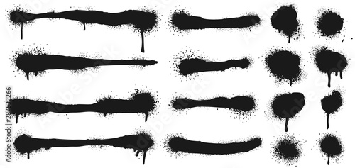 Spray painted lines and grunge dots. Paint splatter circle shapes, graffiti drawing strokes and dirty street art texture. Black dot print and splattered line. Isolated vector symbols set