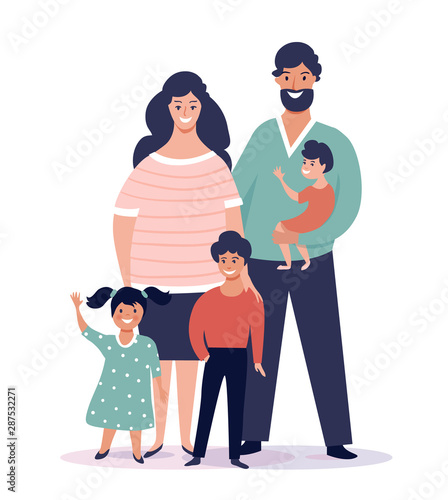 Portrait of happy family with smiling mom, dad, 2 brothers and daughter, standing together. Joyful mother, father and children.