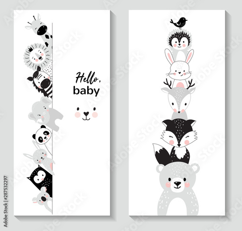 Photo Vertical banner set with cute animals,  vector illustration for nursery design,