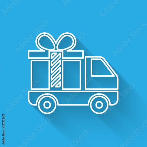 White line Delivery truck with gift icon isolated with long shadow. Vector Illustration