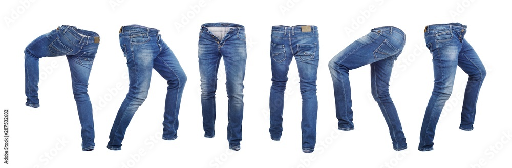 Oops contrast Clan Set of empty blank jeans pants in different poses isolated on a white  background Stock Photo | Adobe Stock