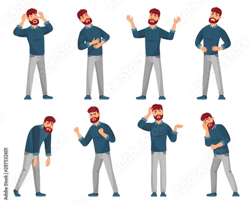 Cartoon man character. Thinking male, smiling happy men and sad man in casual clothes. Student or businessman character or handsome geek guy. Isolated vector illustration icons set