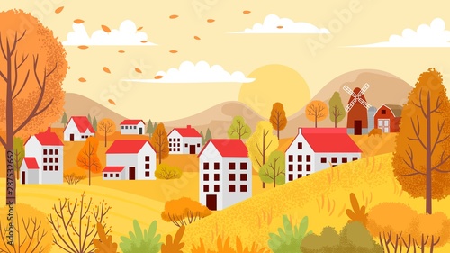 Autumn village landscape. Countryside autumnal gardens, yellow trees and sunny day. Farm agriculture autumn fall season nature vector background illustration
