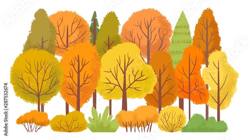 Autumn forest trees. Autumnal garden, yellow tree abstract. October golden leaves season, september wood foliage gold leaves cartoon isolated vector illustration