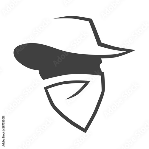 Cowboy outlaw head symbol on white backdrop. Design element