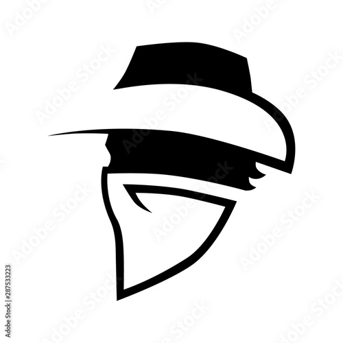 Cowboy outlaw symbol side view on white backdrop. Design element
