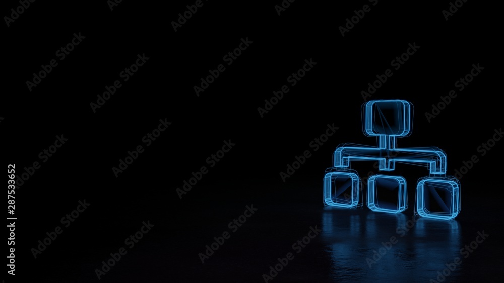 3d glowing wireframe symbol of symbol of sitemap isolated on black background - obrazy, fototapety, plakaty 