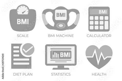 BMI Body Mass Index Calculation Gray Illustration Icon Set with BMI Machine,  Scale Measuring and Health, BMI Calculator Icons.