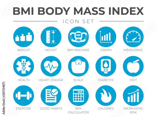 BMI Body Mass Index Round Icon Set of Weight, Height, BMI Machine, Graph, Measuring, Health, Heart Disease, Scale, Diabetes, Diet, Exercise, Habits, BMI Calculator, Calories, Risk Icons.