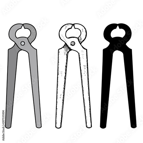 white background, construction tool, nippers, sketch and silhouette