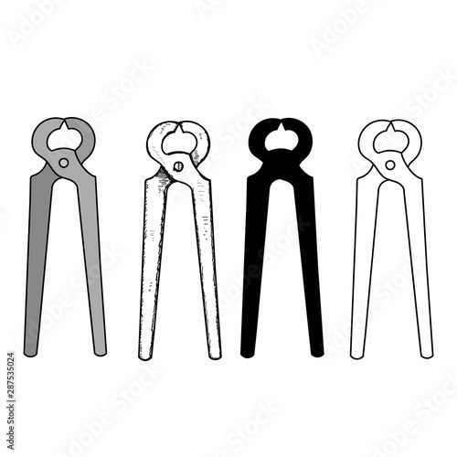 white background, construction tool, nippers, sketch and silhouette