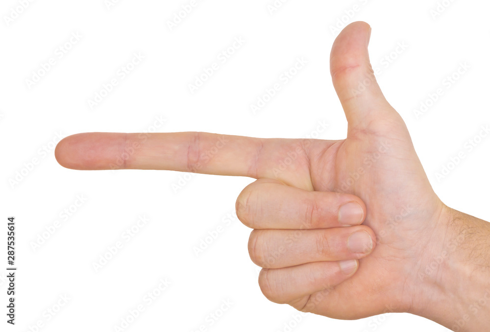 Hand showing pistol gesture with extremely long finger on white background