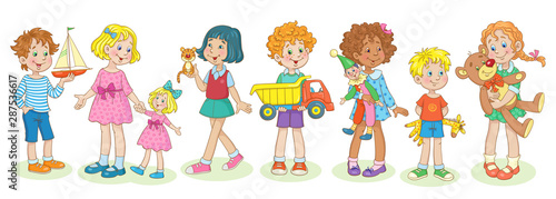 Kids are playing. Four cute girls and three funny boys are standing with their favorite toys. In cartoon style. Isolated on a white background.