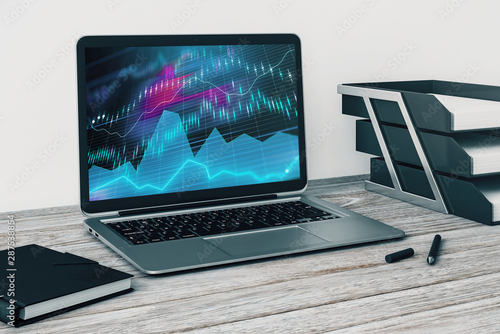 Laptop closeup with forex graph on computer screen. Financial trading and education concept. 3d rendering. Laptop closeup with forex graph on computer screen. Financial trading and education concept. 3d rendering.