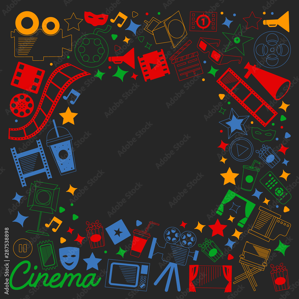Vector pattern with cinema icons. Movie Theater, TV, popcorn, video clips, musical Vector pattern with cinema icons. Movie Theater, TV, popcorn, video clips, musical