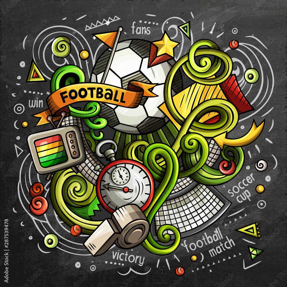 Fototapeta premium Soccer cartoon doodle illustration. Chalkboard design