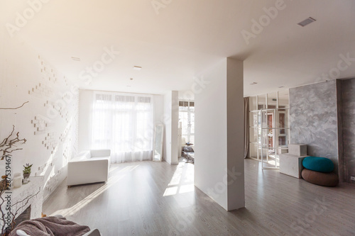 White empty room interior with wood floor, window, door. © Angelov
