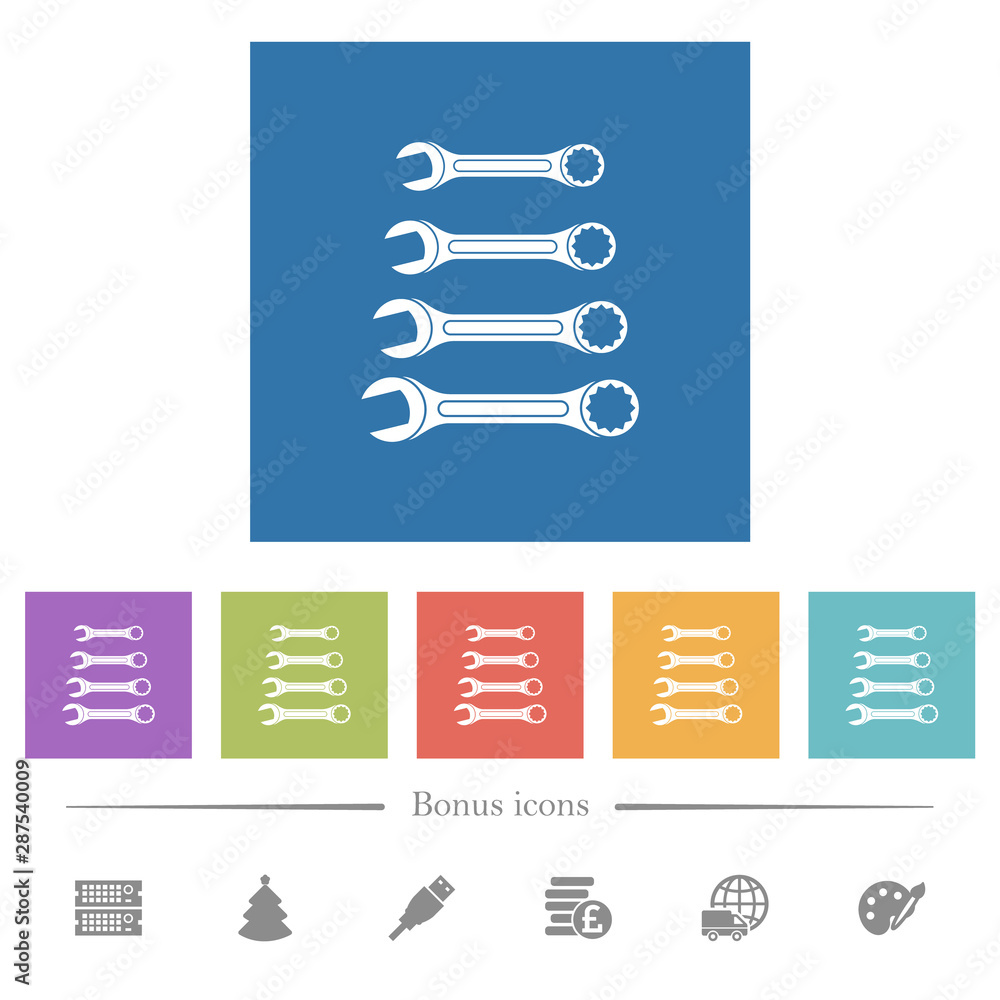 Set of wrenches flat white icons in square backgrounds Set of wrenches flat white icons in square backgrounds