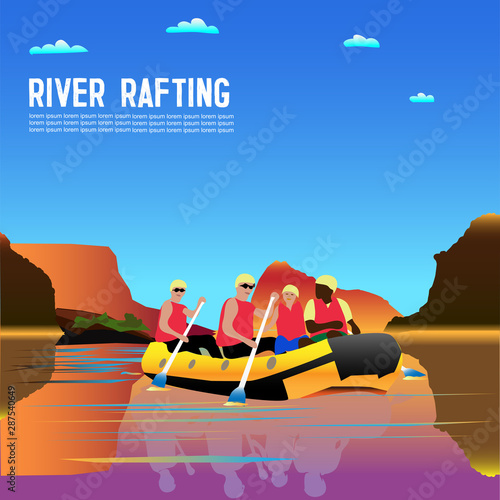 Vector drawing of tourists engaged in rafting. Tourists rafting on the river in a boat