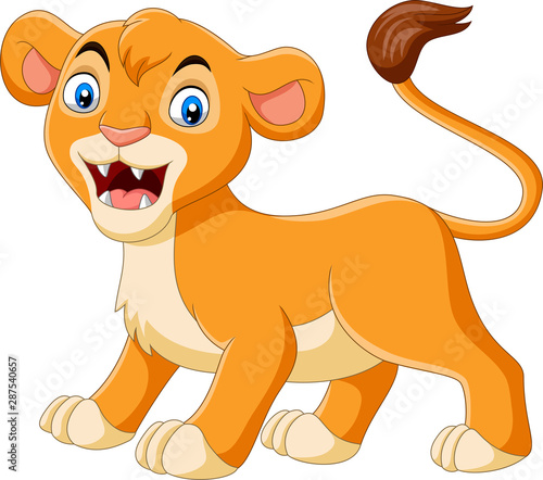 Cartoon baby lioness roaring on white background