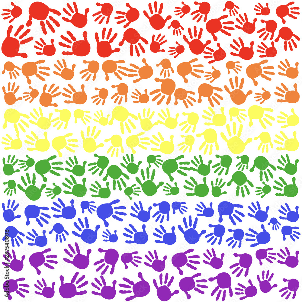 Made of rainbow flag lgbt symbol with colorful hand prints background Made of rainbow flag lgbt symbol with colorful hand prints background