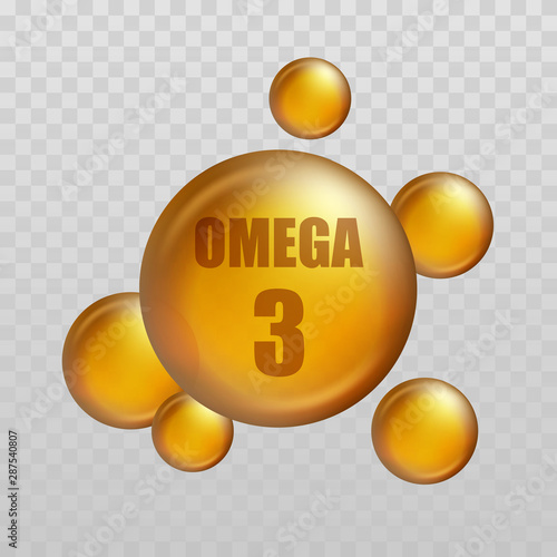 Omega 3. Vitamin drop, fish oil capsule, gold essence organic nutrition. Vector illustration