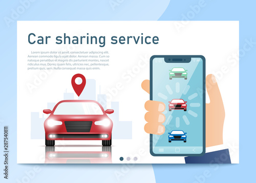 Car sharing service. Smartphone standing near the car. Modern landing page for mobile app with colorful illustration. Business website concept. Vector illustration