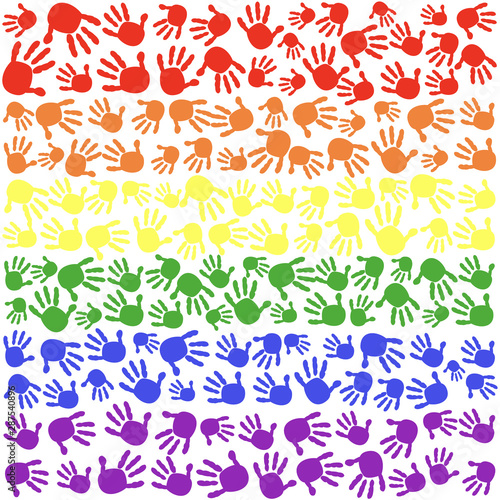 Made of rainbow flag lgbt symbol with colorful hand prints background