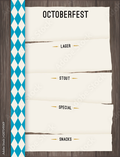 Vector Octoberfest background for beer table menu or flyer. Vintage rustic design with wooden backdrop and rough paper sheets.
