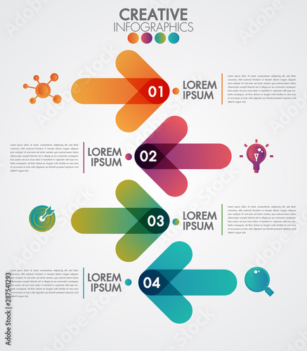 Vector arrows 4 steps timeline infographics template step by step, diagram chart, graph presentation. Business progress concept with 4 options, parts, steps.