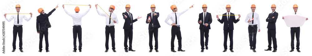 panoramic photo collage of confident architect isolated on white panoramic photo collage of confident architect isolated on white
