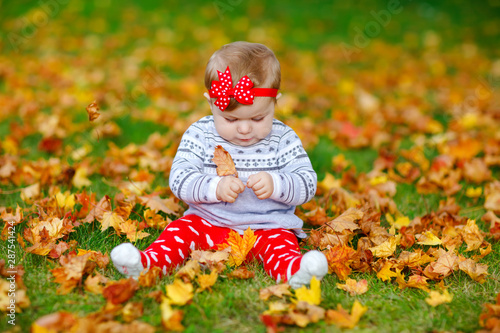 Adorable little baby girl in autumn park on sunny warm october day with oak and maple leaf. Fall foliage. Family outdoor fun in fall. child smiling.