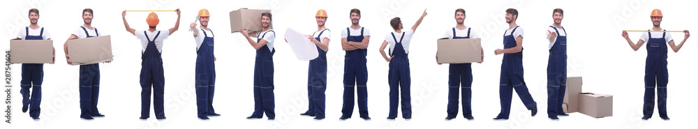 panoramic collage of male handyman isolated on white panoramic collage of male handyman isolated on white
