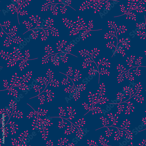Seamless vector pattern, trend colors. Elegant branches with pink leaves on blue background.