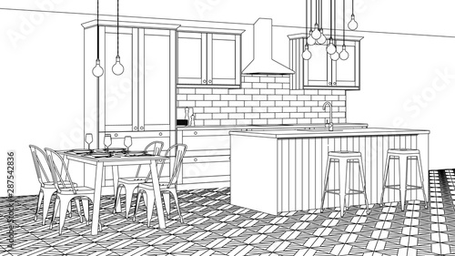 The interior of the kitchen in a private house. Linear sketch of the interior. 3D rendering.