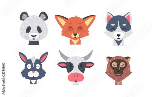 Cute animal faces vector set. Hand drawn animals characters. Fox, panda, rabbit, monkey, wolf, cow. Mammal kids.