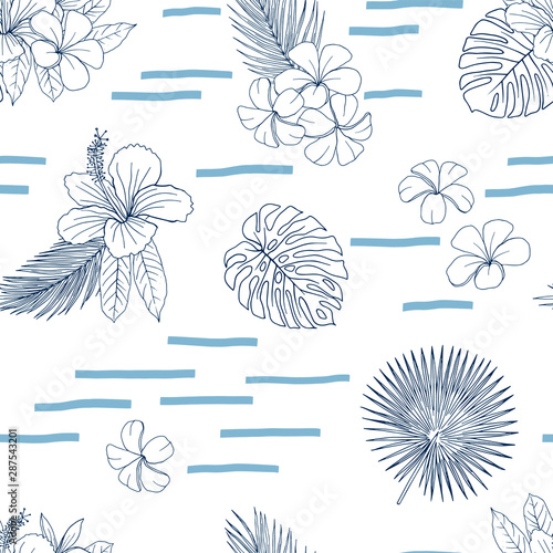 Tropical flowers and leaves sketchy seamless pattern. Exotic Hibiscus and Plumeria scattered blossom blue ink illustration. Coconut palm foliage on striped backdrop. Abstract botanical textile print