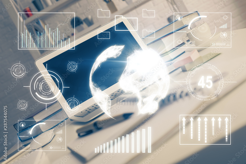 Stock market chart hologram drawn on personal computer background. Multi exposure. Concept of investment. Stock market chart hologram drawn on personal computer background. Multi exposure. Concept of investment.