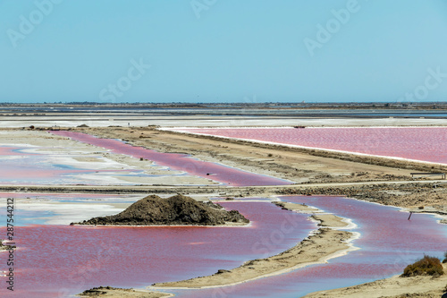 The Salin-de-Giraud salt farm with pink purple salty sea water with algae, salt mining in Europe photo