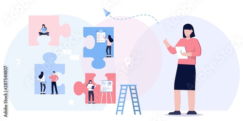 Teamwork metaphor. Business team. puzzle elements. Vector illustration flat design style. Symbol of cooperation, partnership. Ethnic business people group. Office workers talking with manager, boss.