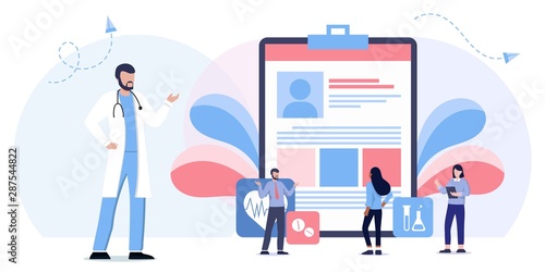 Healthcare insurance vector concept, people with doctor fill health form insurance. human life insurance. protection of people from accidents. Healthcare services, Ask a doctor, tele medicine