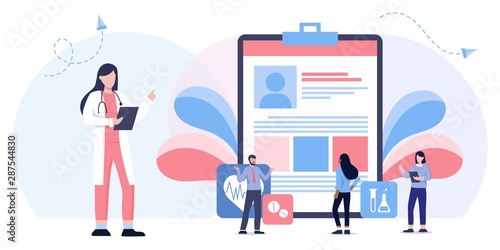 Healthcare insurance vector concept, people with doctor fill health form insurance. human life insurance. protection of people from accidents. Healthcare services, Ask a doctor, tele medicine
