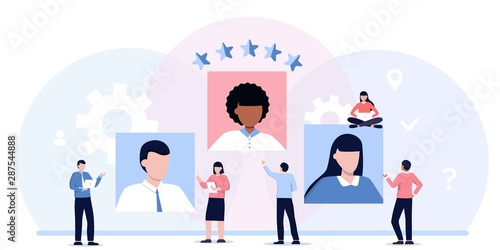 Job agency flat vector illustration. Employee headhunters persons concept. Professional work search and offer service company. Recruitment industry occupation for human resources. CV application