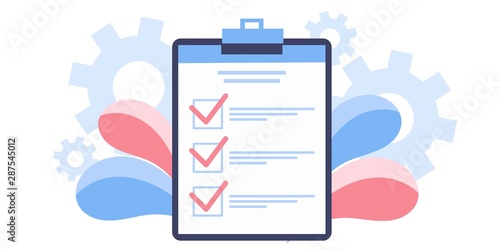 fill out form, for web banners, infographics, websites. Concept done job, checklist, long paper document to do list with checkboxes. Freelancer working, life work balance, time management
