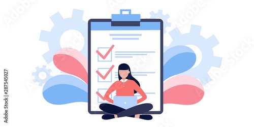 fill out form, for web banners, infographics, websites. Concept done job, checklist, long paper document to do list with checkboxes. Freelancer working, life work balance, time management