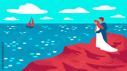 A couple stands on the seashore.