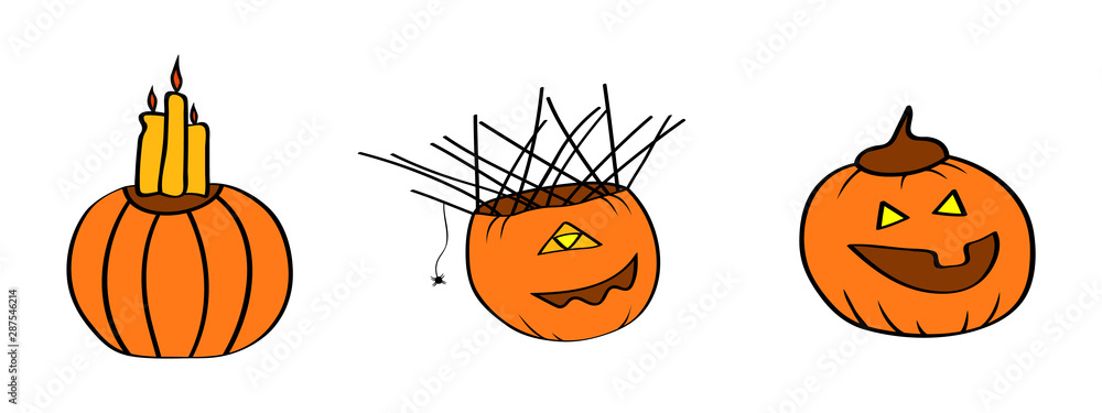 Fototapeta premium Funny pumpkins set. One of the Halloween symbols. Vector Illustration.