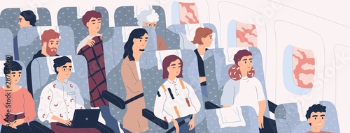 Passengers on airplane board flat vector illustration. Cartoon people traveling abroad by plane. Air public transport. Tourists going on vacation, business trip. Travelers relaxing in aircraft seats.